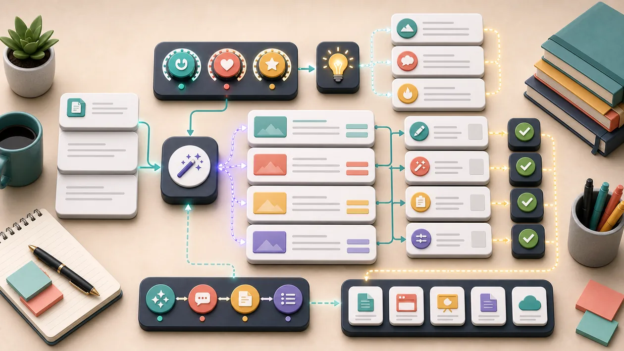 Illustration zu Peppertype.ai: Briefing-Karten werden ueber Tonalitaet und Review zu Content-Varianten