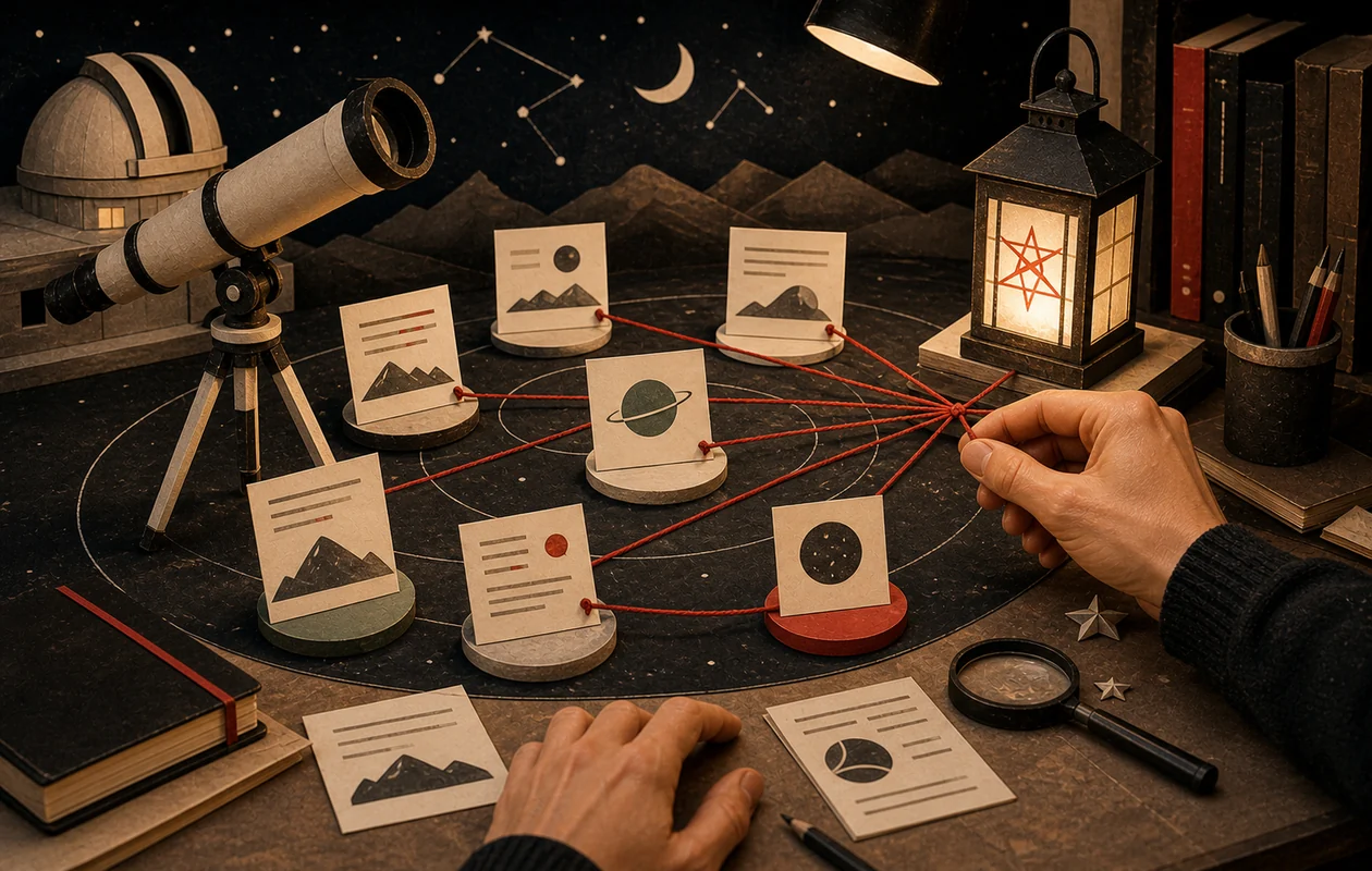 Redaktionelle Illustration zu Perplexity Comet: eine menschlich geführte Arbeitsstation mit Prüfschritten, Kontext und klarer Freigabe