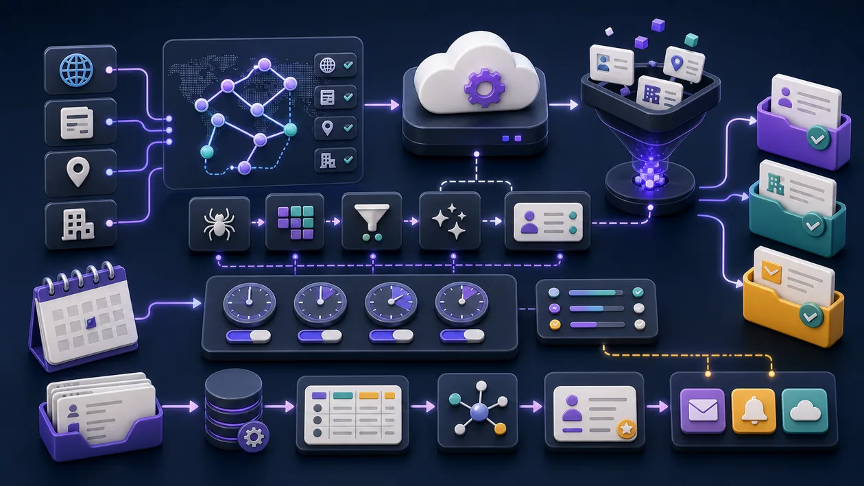 Illustration zu PhantomBuster: Websignale werden extrahiert, bereinigt und in Workflows geroutet