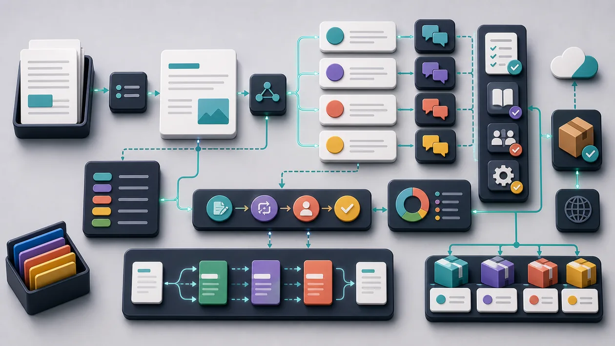 Illustration zu Phrase: Inhalte laufen durch Terminologie, Uebersetzung und Review zur Lokalisierung