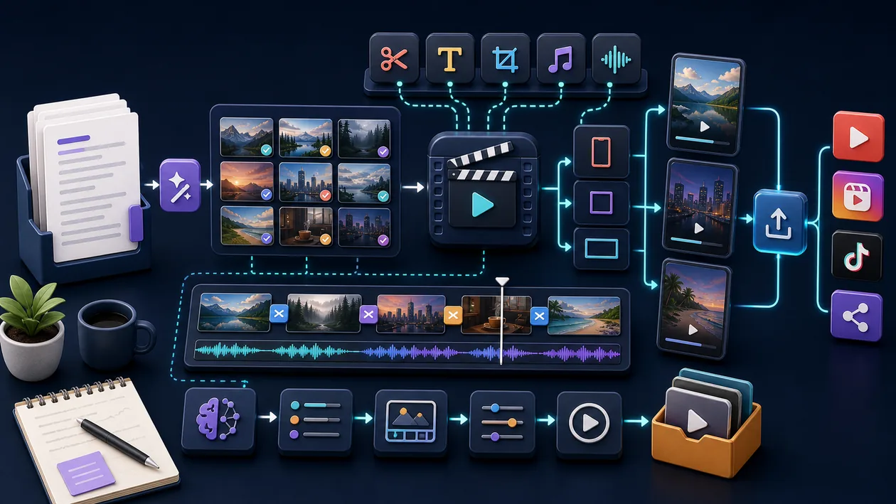 Illustration zu Pictory: Skripte werden in Szenen, Clips und Exportpfade fuer Videos verwandelt
