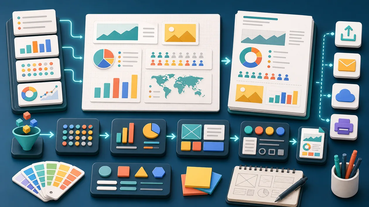Illustration zu Piktochart: Datenkarten werden zu Diagrammen, Infografiken und Berichtsseiten geordnet