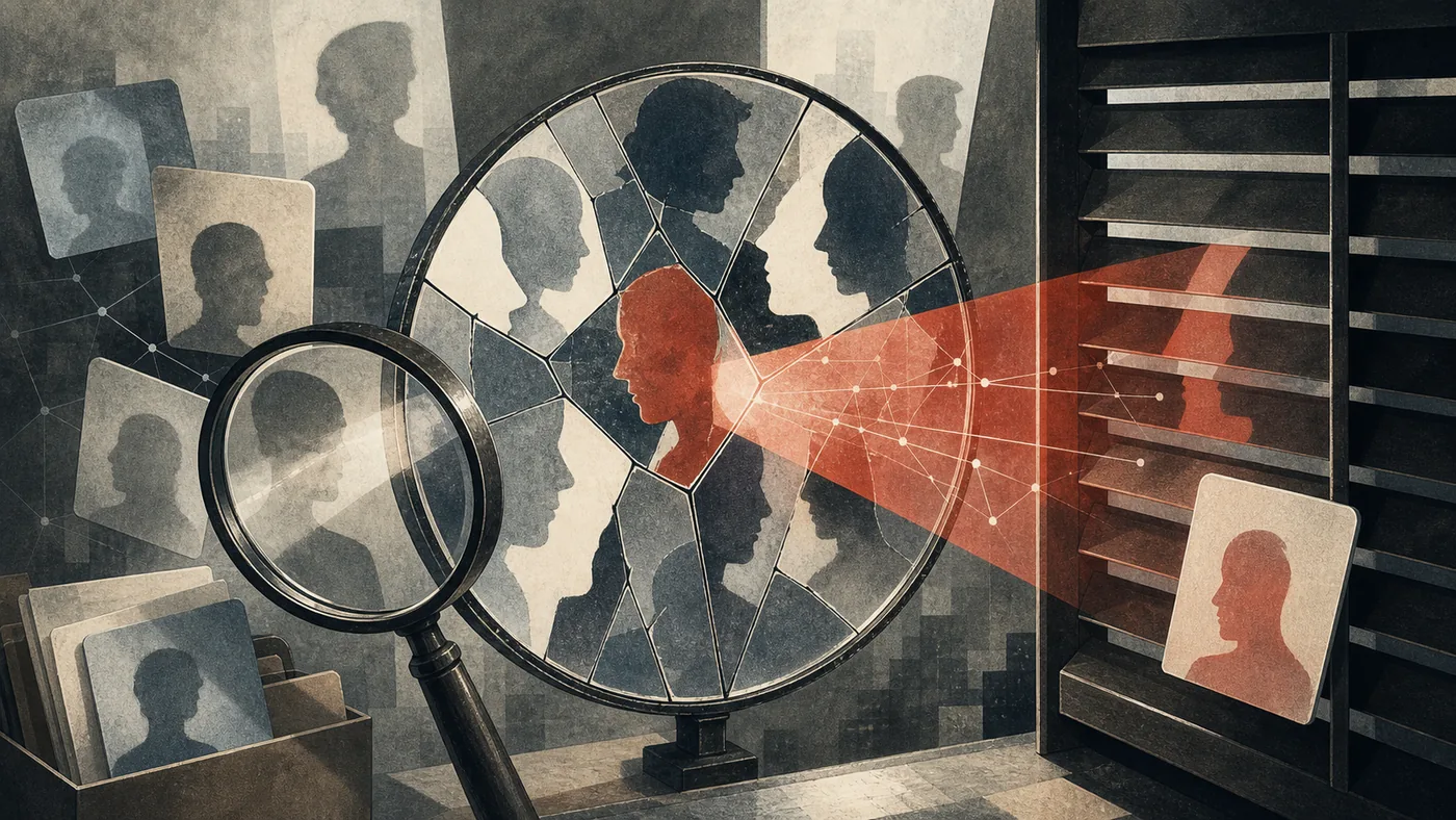 Illustration zu PimEyes: abstrakte Gesichtssilhouetten erscheinen in Spiegeln und Datenschutzlamellen
