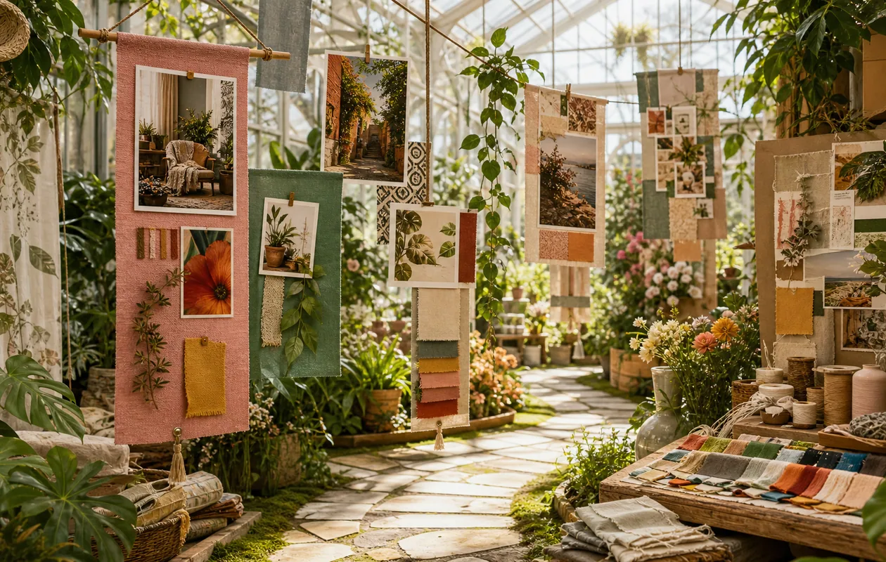 Illustration for Pinterest: inspiration images and color palettes form paths inside a botanical idea room