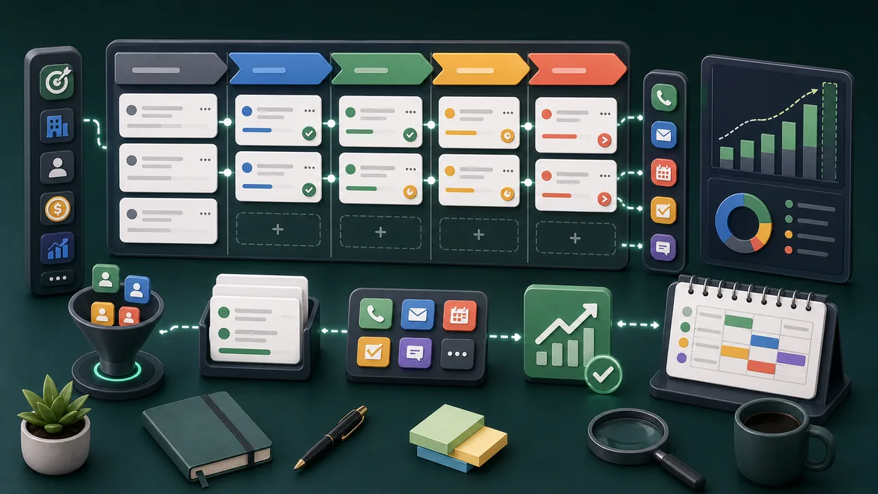 Illustration zu Pipedrive: Deals bewegen sich durch Pipeline-Stufen, Aktivitaeten und Prognosepfade