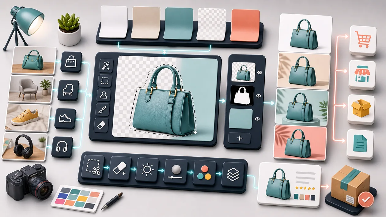 Illustration zu Pixelcut: Produktfotos werden freigestellt, bereinigt und fuer Shop-Visuals vorbereitet