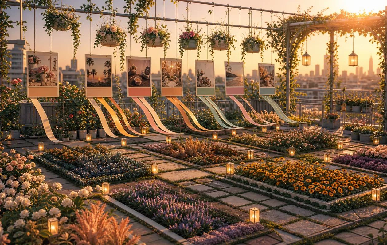 Illustration for Planoly: content planning appears as a rooftop garden with rows, lanterns, and visual planting beds