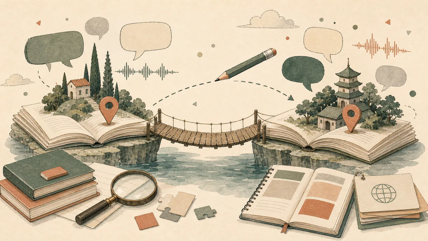 Illustration zu PONS: Sprachbrücke zwischen Wörterbuchseiten und Sprechblasen