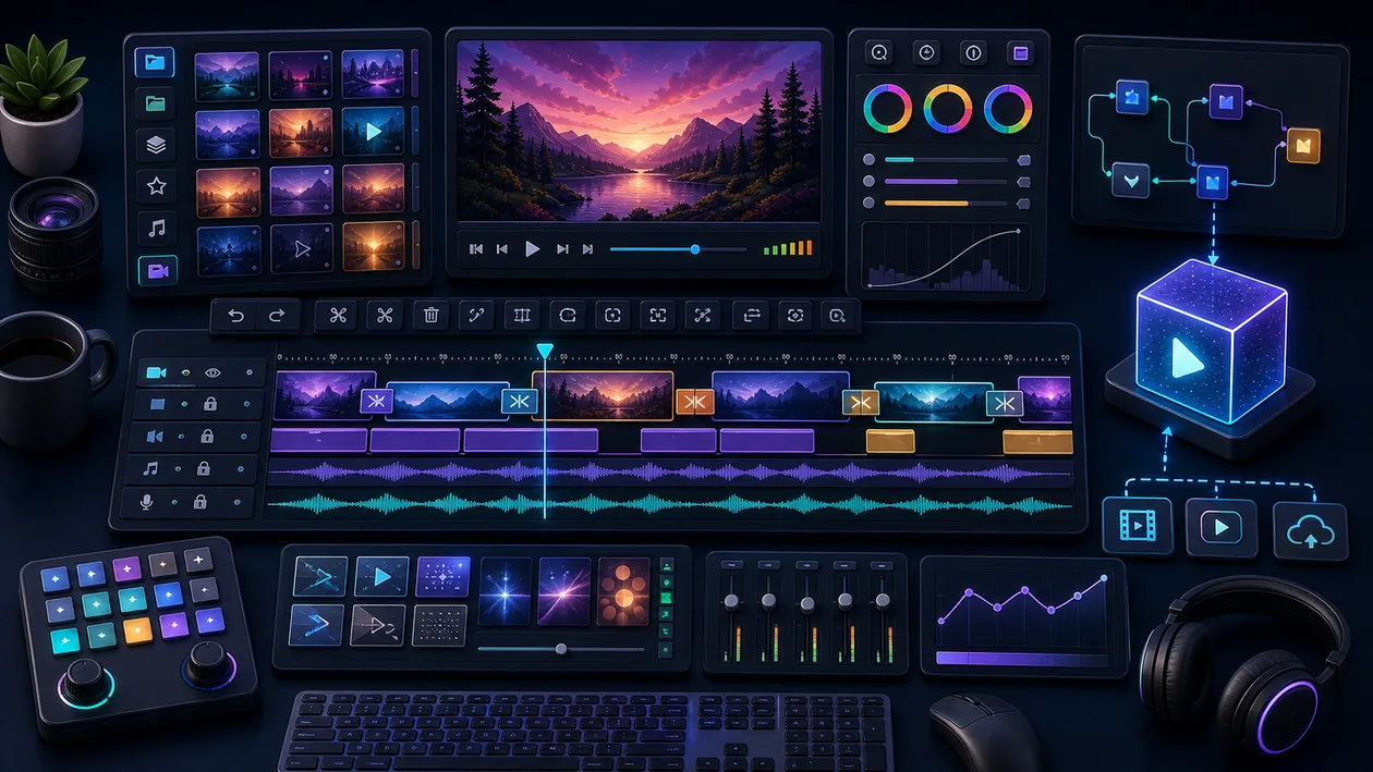 Illustration for PowerDirector: Video clips move through editing, effects, color correction, and export