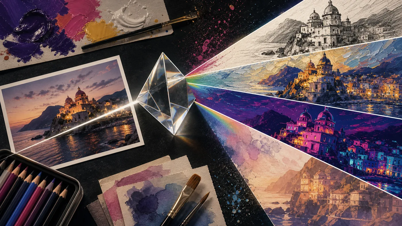 Illustration zu Prisma: ein Foto bricht durch ein Prisma in unterschiedliche Kunststile auf