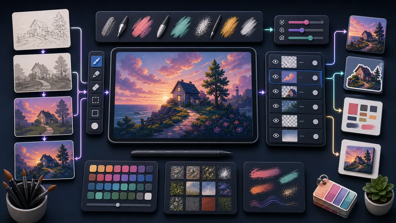 Illustration for Procreate: Sketches, brush strokes, and layers build into a digital illustration