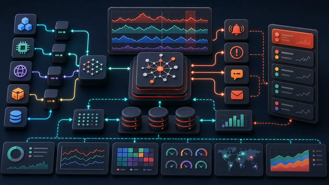 Illustration for Prometheus: Metrics move through time series, alerts, and service health paths
