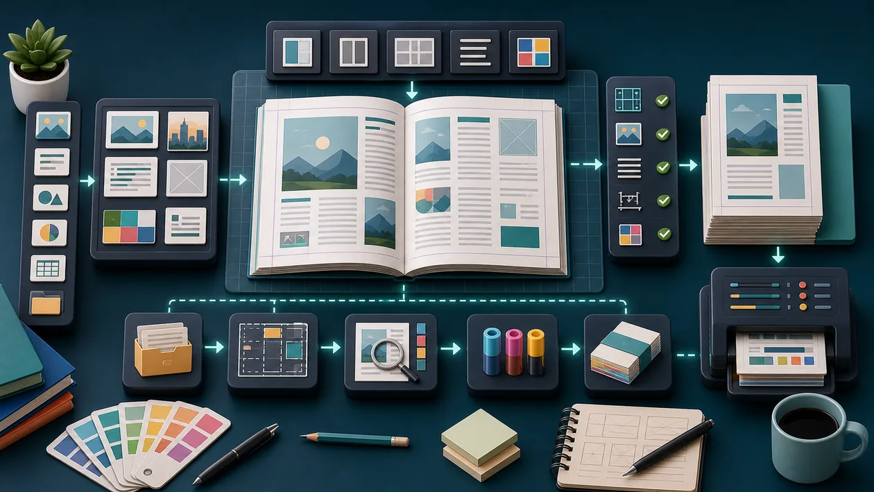 Illustration zu Quark: Seitenraster, Layoutkarten und Assets werden zu einer Publikation gesetzt