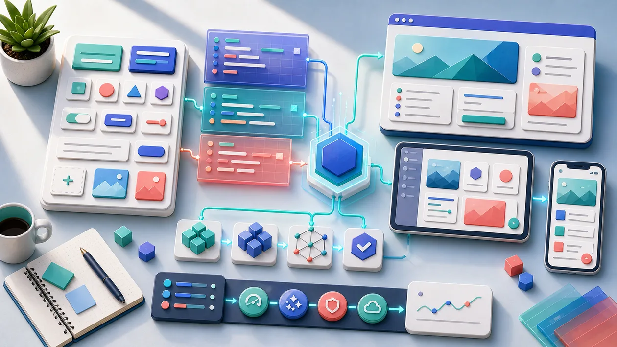 Illustration for Quasar Framework: Components, app panels, and build paths form a cross-platform workflow