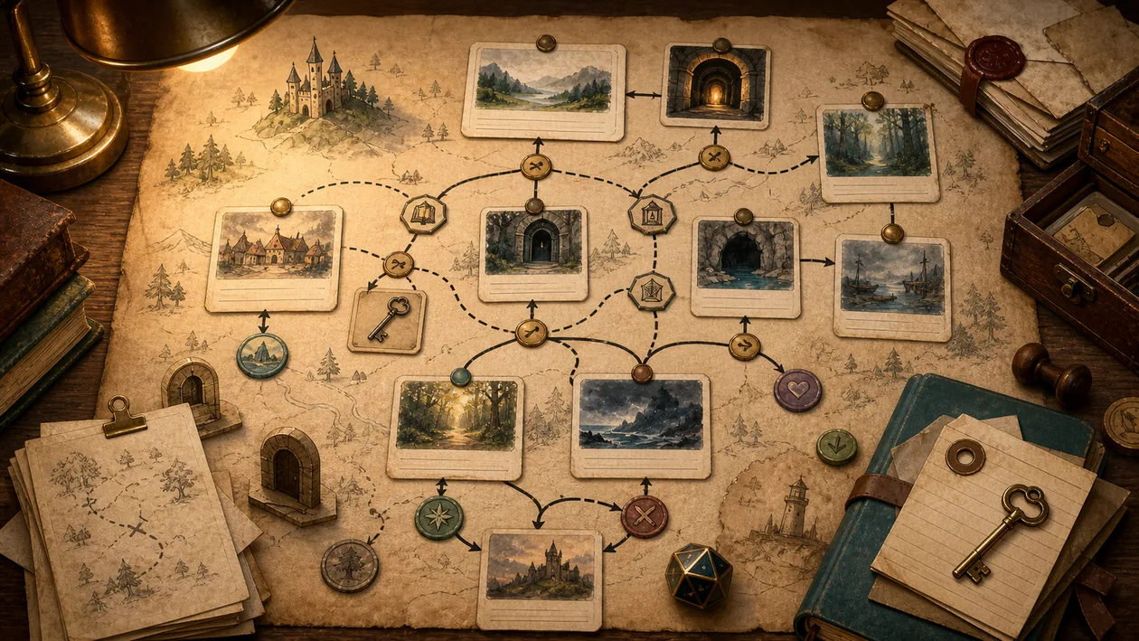 Illustration for Quest: Scene cards, object tiles, and decision paths shape an interactive story