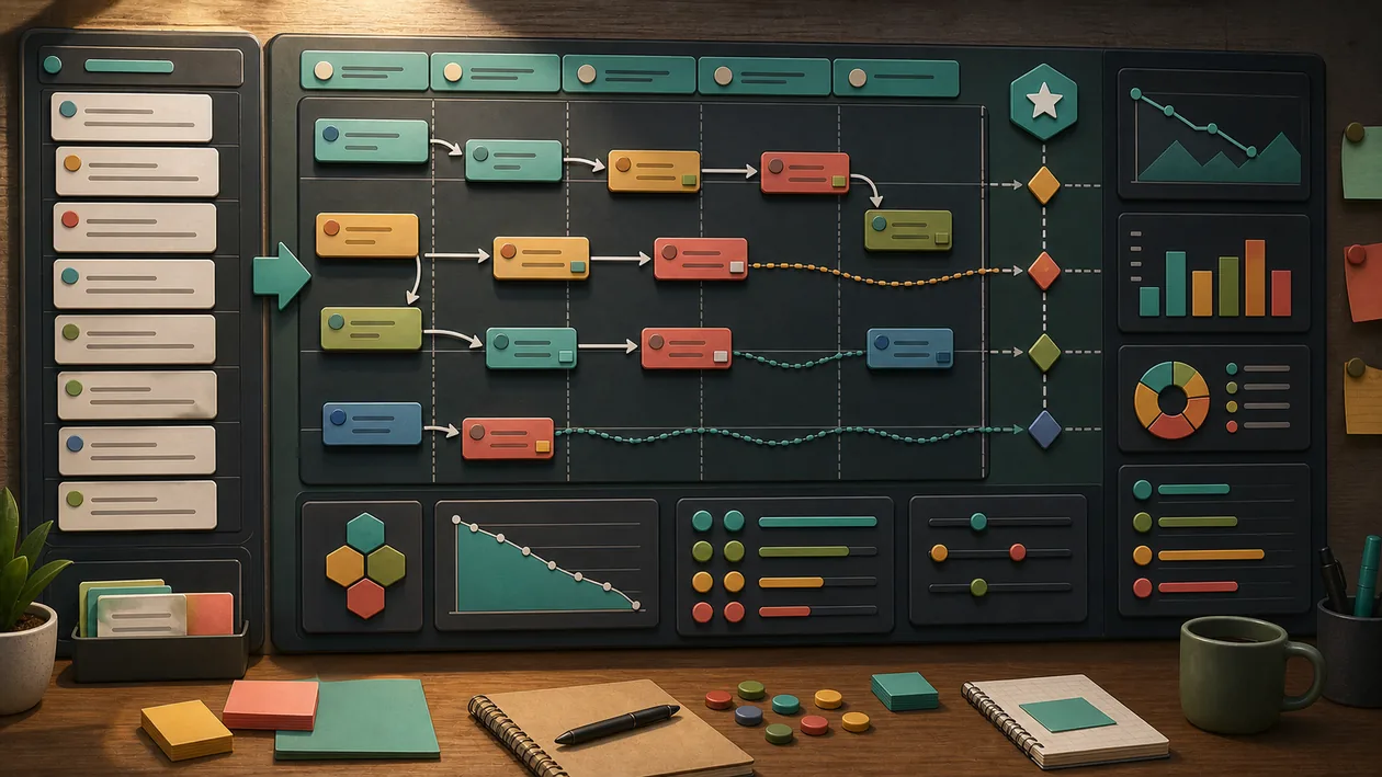 Illustration zu Rally: Backlog-Karten, Sprint-Lanes und Release-Pfade werden zu einem Agile-Plan gebündelt