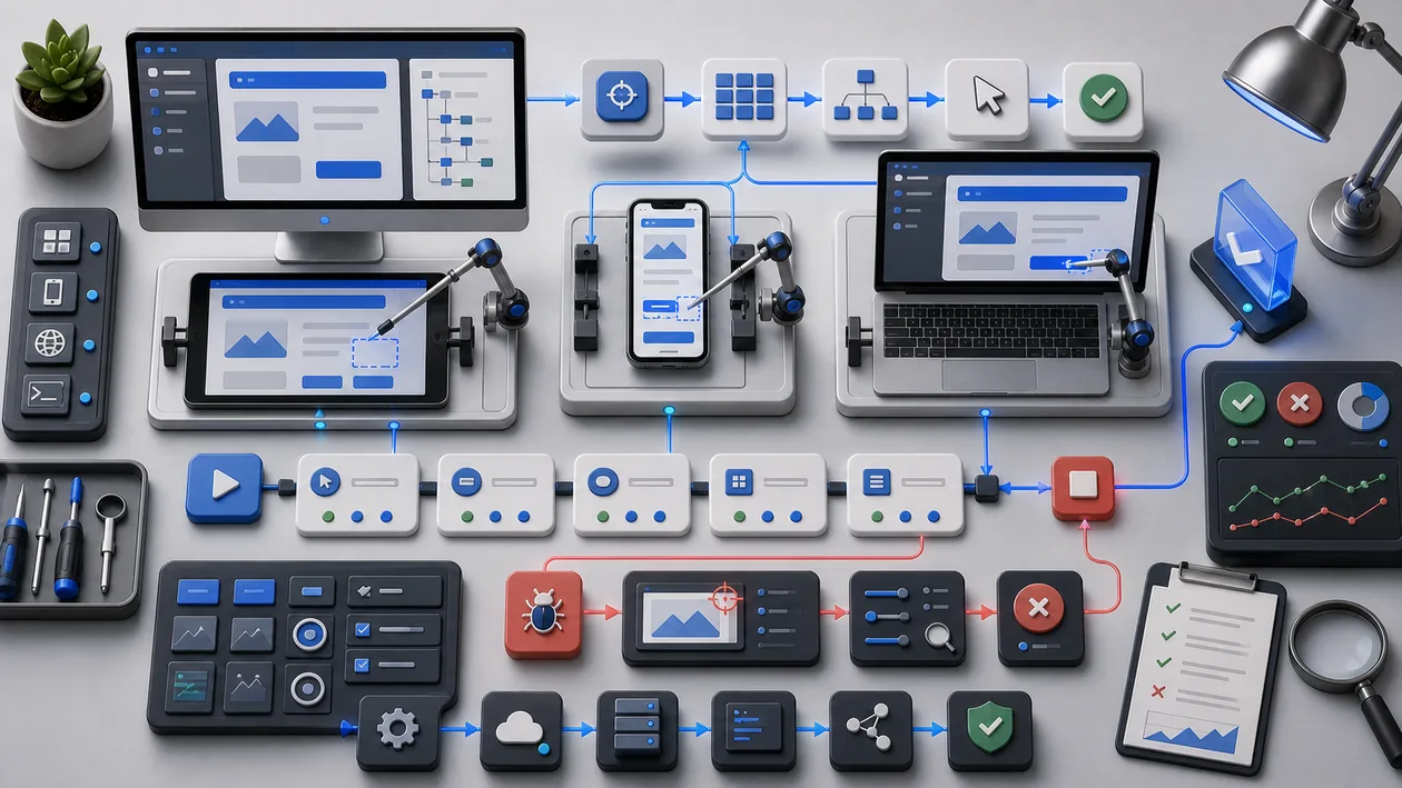 Illustration zu Ranorex Studio: Geräte, Testschritte und Fehlerpfade werden zu automatisierten UI-Prüfungen verbunden
