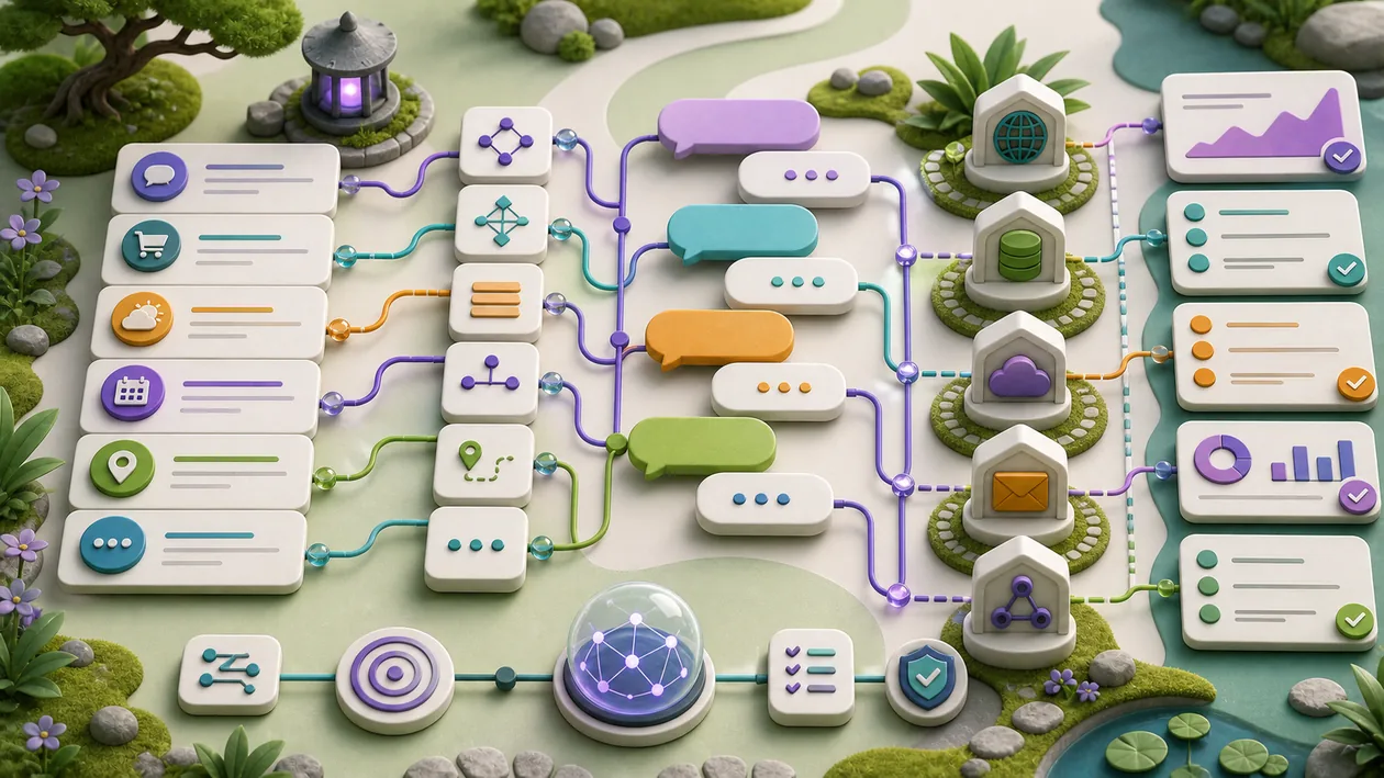 Illustration zu Rasa: Intent-Knoten, Dialogpfade und Integrationen formen einen Chatbot-Workflow