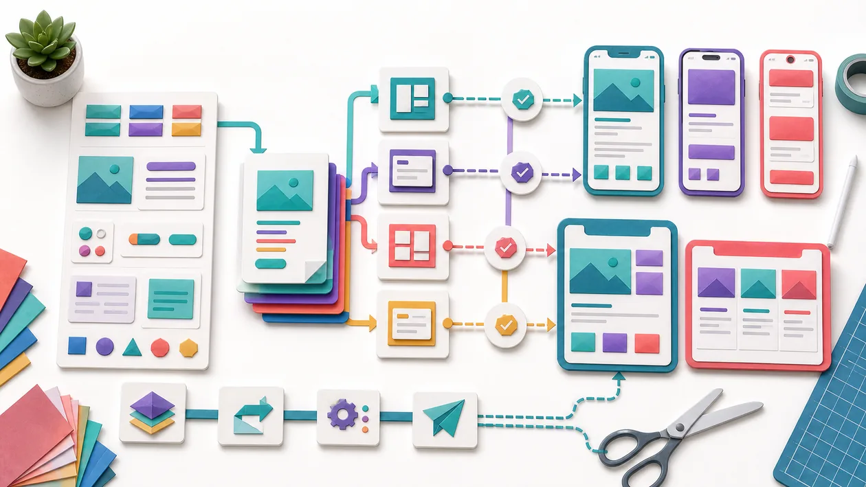 Illustration zu React Native: Gemeinsame Komponenten laufen durch Build-Pfade zu mobilen App-Ausgaben