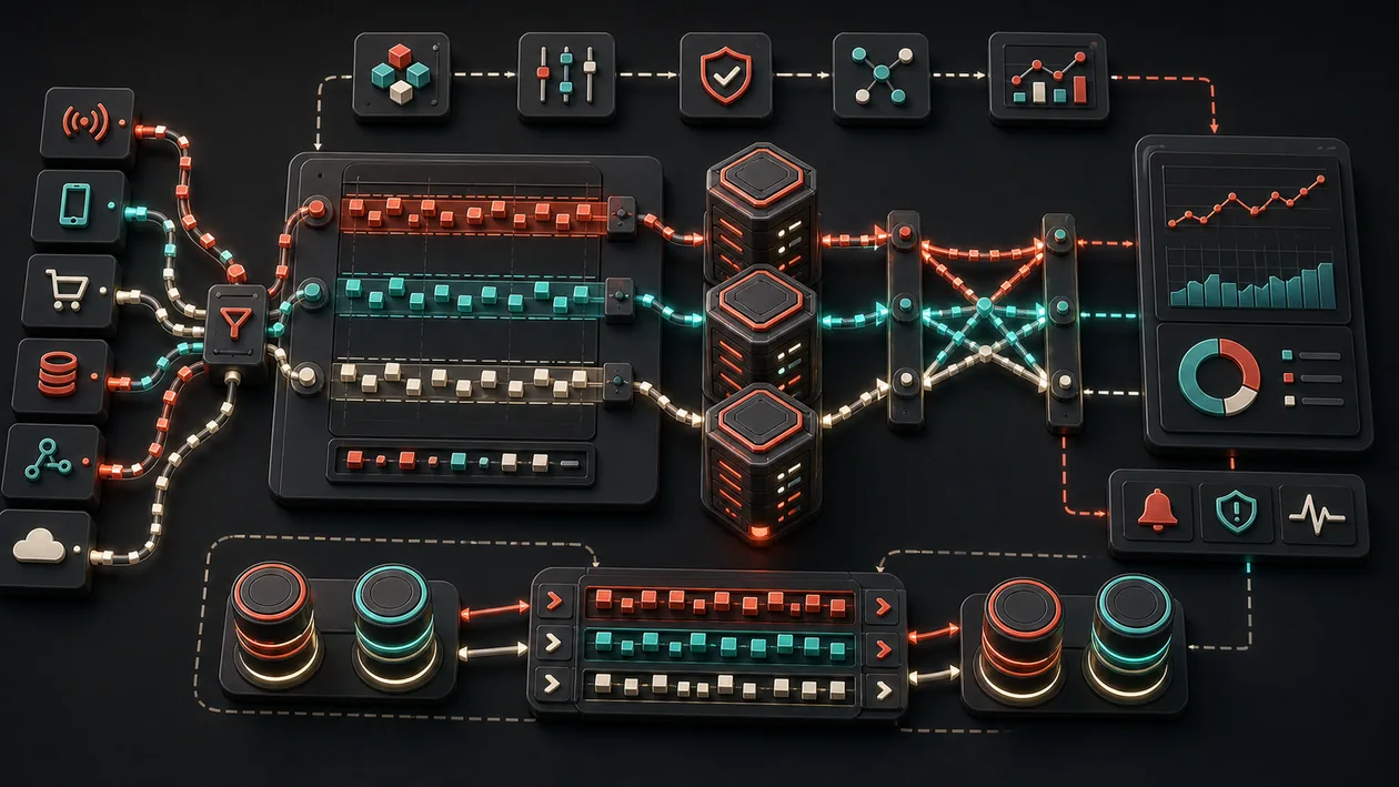 Illustration for Redpanda: Event streams move through partitions, broker nodes, and monitoring paths