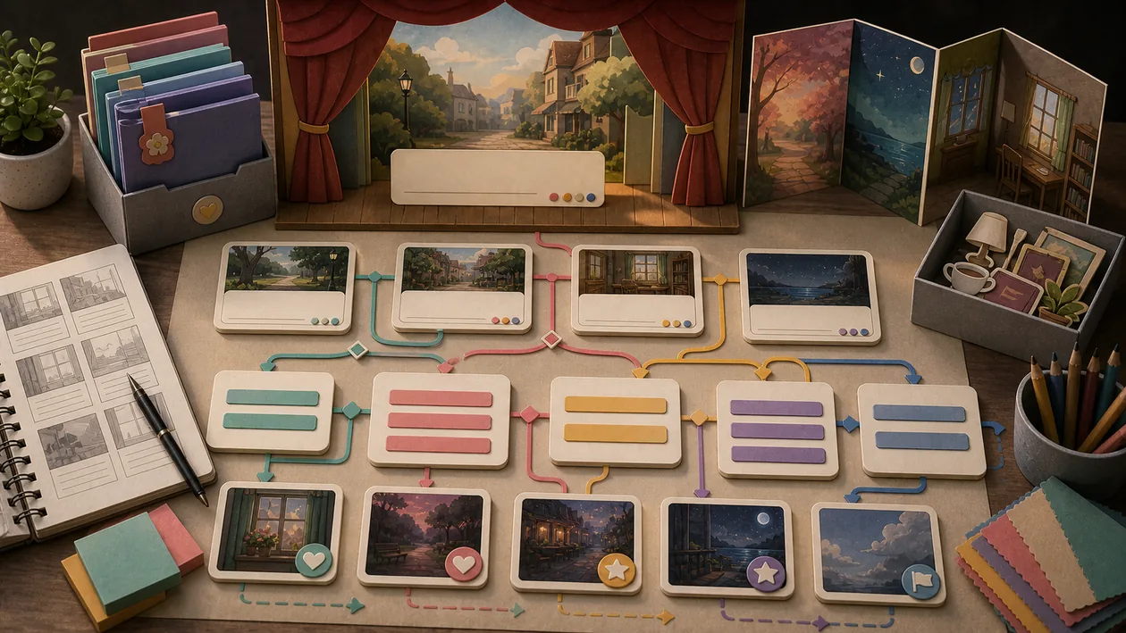 Illustration for Ren’Py: Scene cards, choice paths, and asset folders shape a visual novel structure