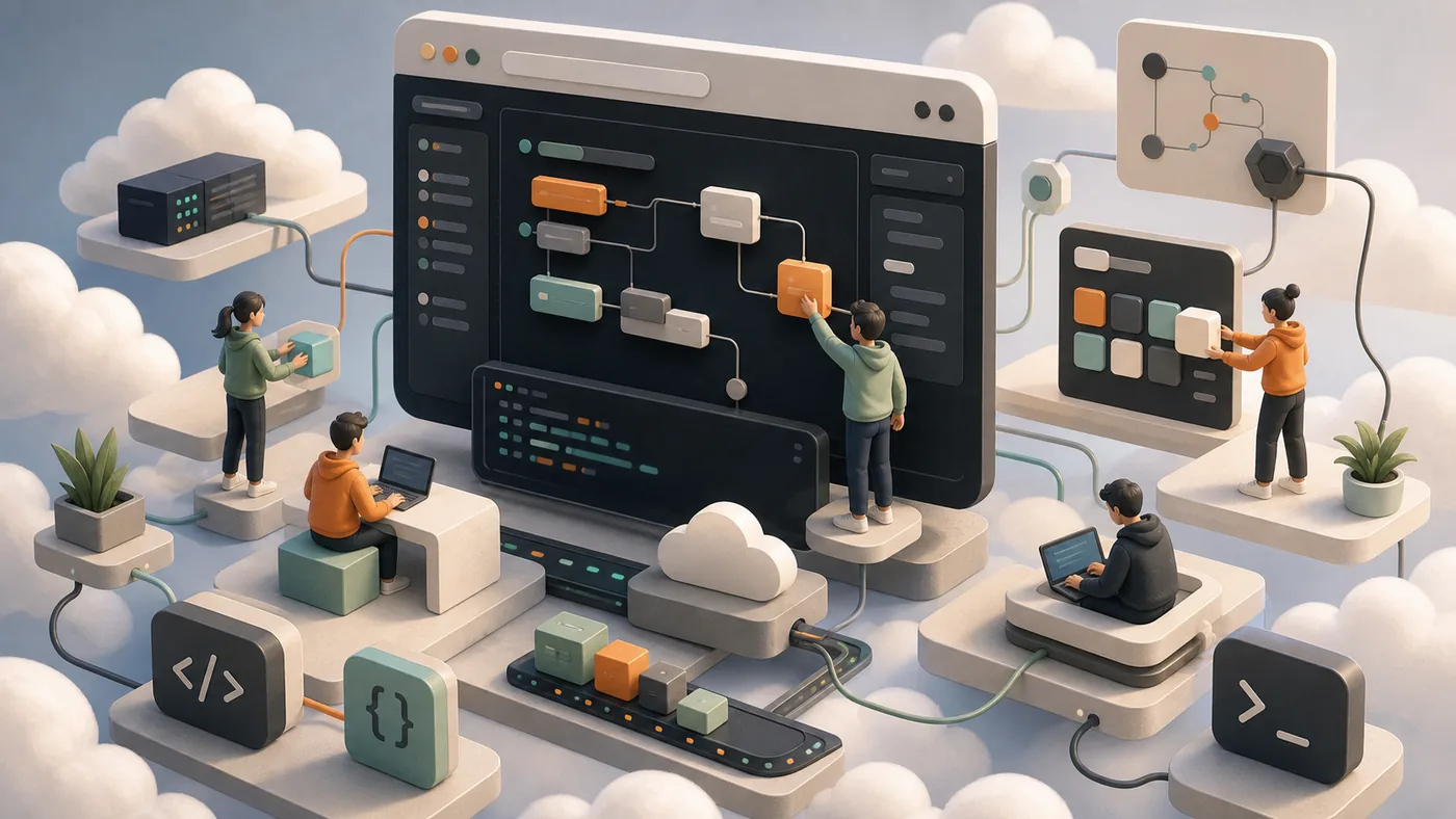 Illustration zu Replit: eine Cloud-Werkstatt zeigt kollaboratives Coding ohne Code-Text