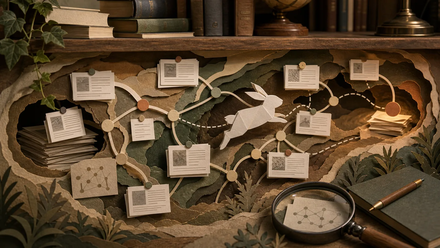 Illustration zu Research Rabbit: Papierpfade und Zitationswurzeln in einer Forschungslandschaft
