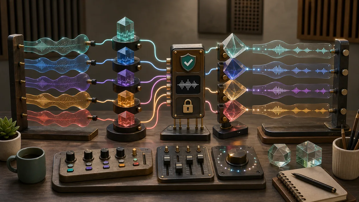 Illustration zu Resemble AI: Wellenformen, Stimmprofile und Prüfpunkte erzeugen synthetische Sprachausgaben