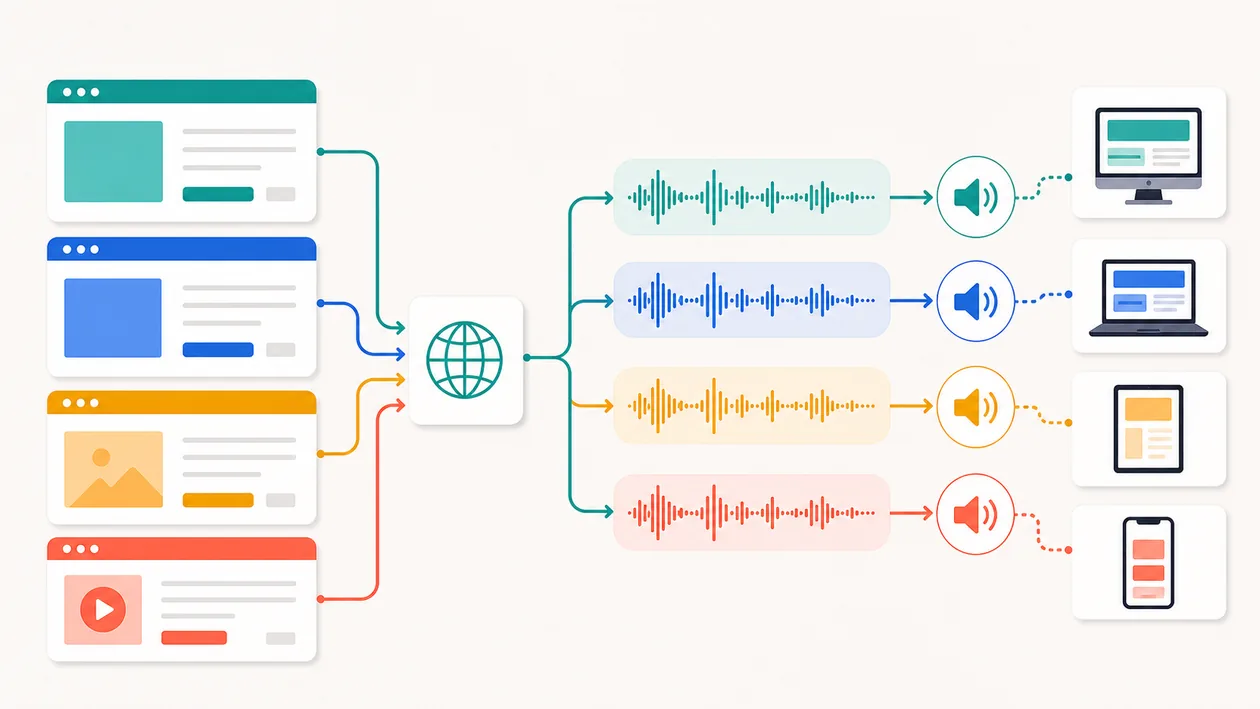 Illustration zu ResponsiveVoice: Webseitenkarten, Wellenformen und Geräteausgaben verbinden Text mit Sprache
