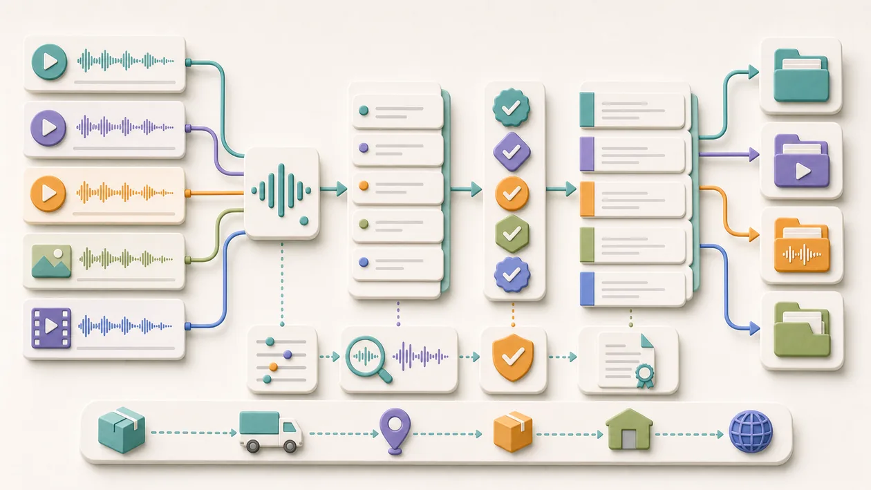 Illustration for Rev.com: Media cards, transcripts, and quality checks move into delivery paths
