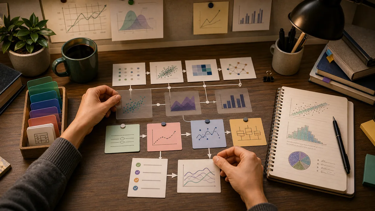 Illustration for RStudio: Data sheets, model cards, and plot transparencies are arranged into a reproducible analysis
