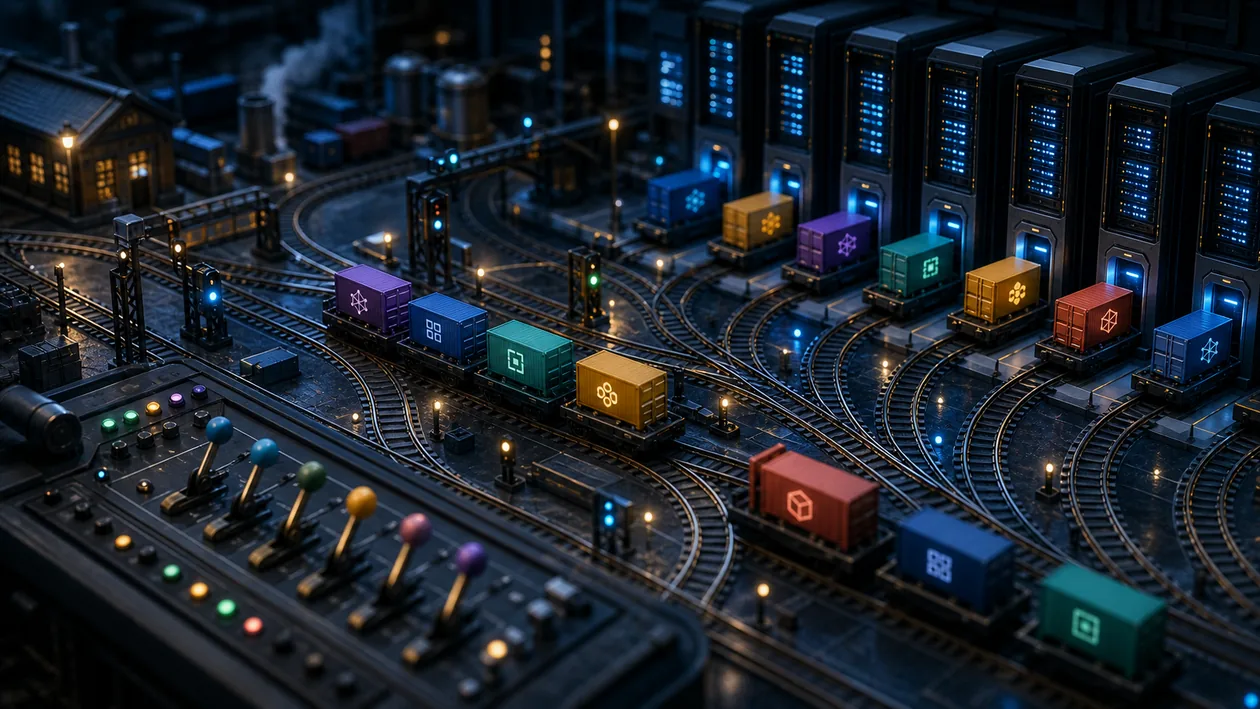 Illustration for RunAI: Workload cars are routed through a miniature data center into GPU lanes