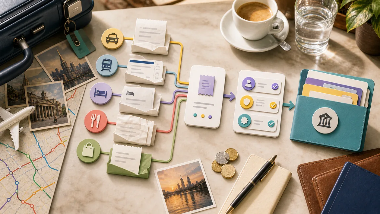 Illustration for Rydoo: Travel receipts and expense tokens are sorted into a reimbursement path