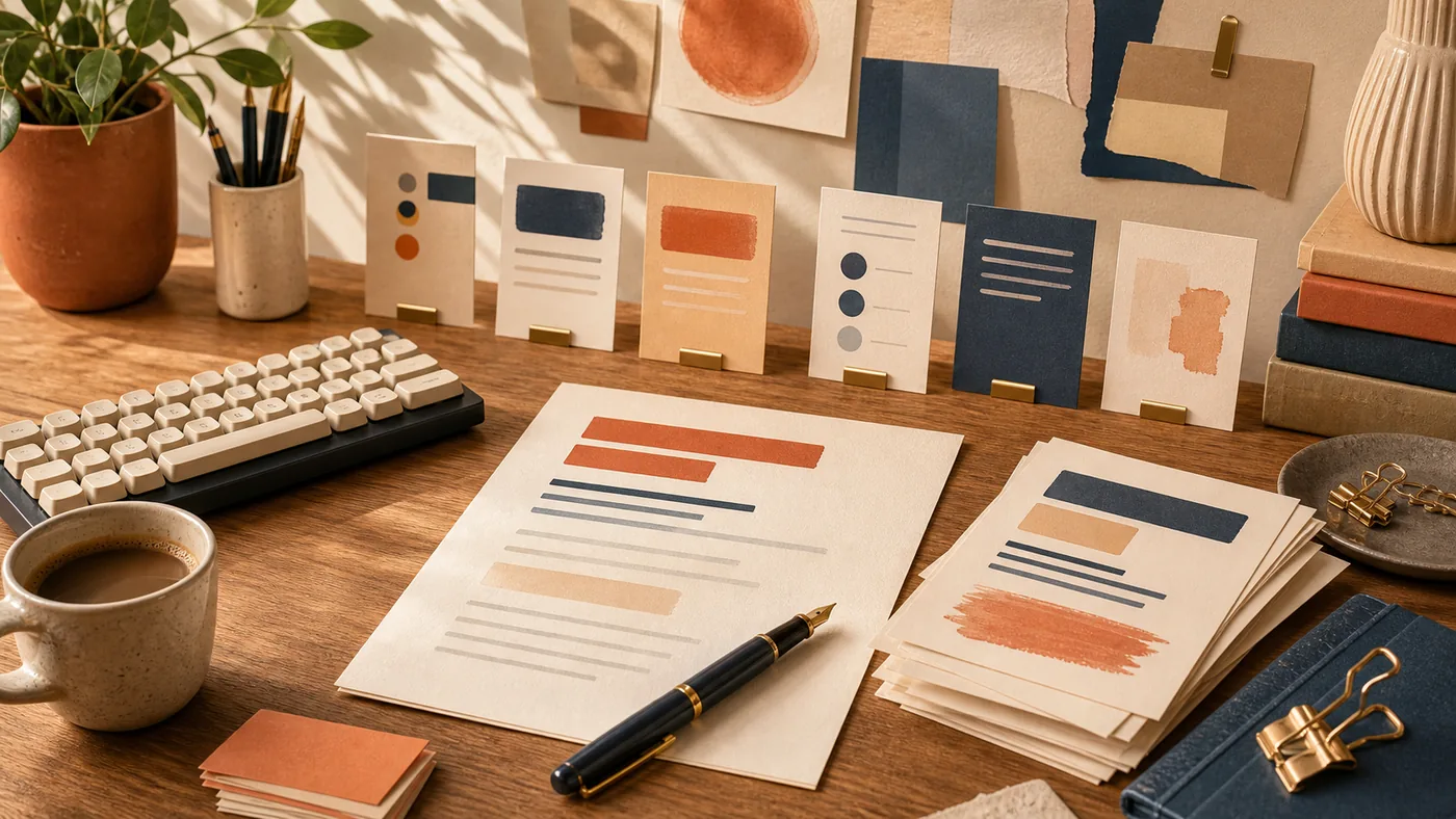 Illustration zu Rytr: Schreibstudio mit Tonkarten, Entwürfen und Marketingtexten
