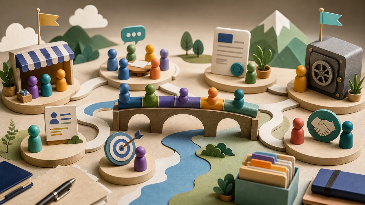 Illustration zu Salesforce Sales Cloud: Lead-Tokens bewegen sich wie in einem Brettspiel vom Marktstand zum Abschluss-Tresor