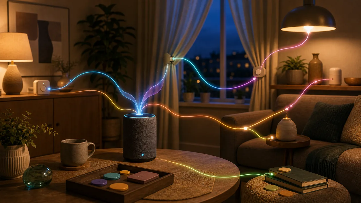 Illustration zu Samsung Bixby: Klangbaender steuern Licht, Vorhaenge und Aufgabenobjekte in einem Wohnzimmer