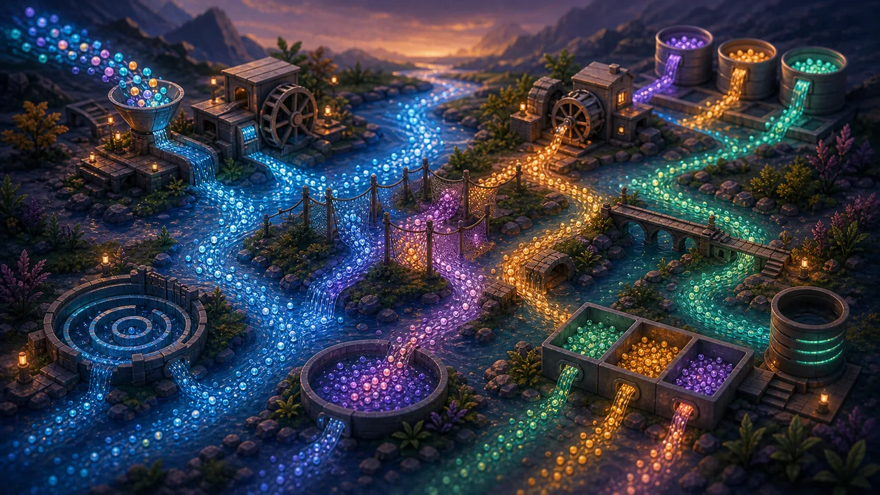Illustration for Samza: Event droplets flow through processing mills, branches, and storage basins
