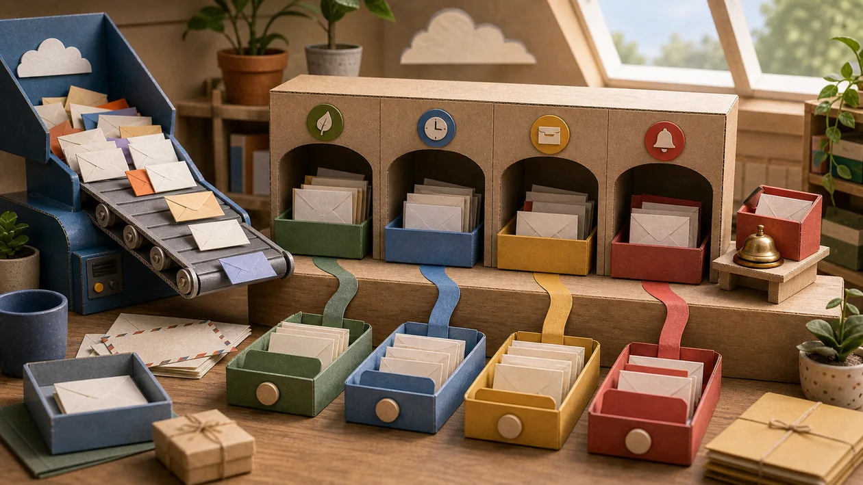 Illustration zu SaneBox: Ein Mailroom sortiert Umschlaege in Fokusfaecher, Spaeter-Ablage und Archivschublade
