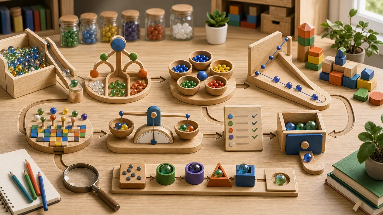 Illustration zu Scikit-learn: Beispielkugeln laufen durch Modellspielplaetze, Cluster-Schalen und Validierungsskalen