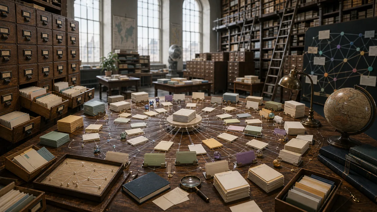 Illustration zu Scopus: Forschungskarten aus Archivschubladen werden zu einer Wissenskarte verbunden