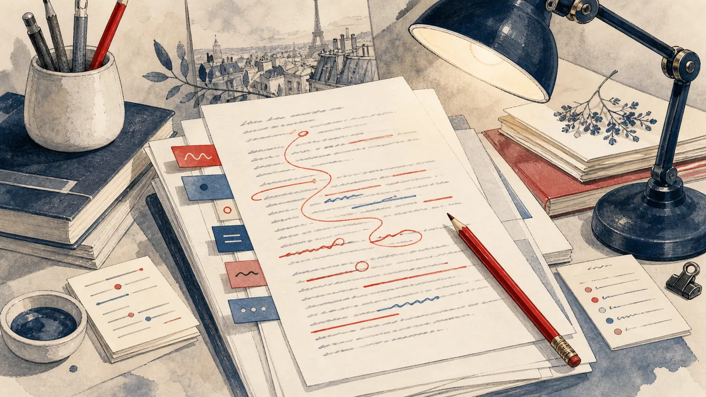 Illustration for Scribens: a proofreading desk with a red pencil and style markers