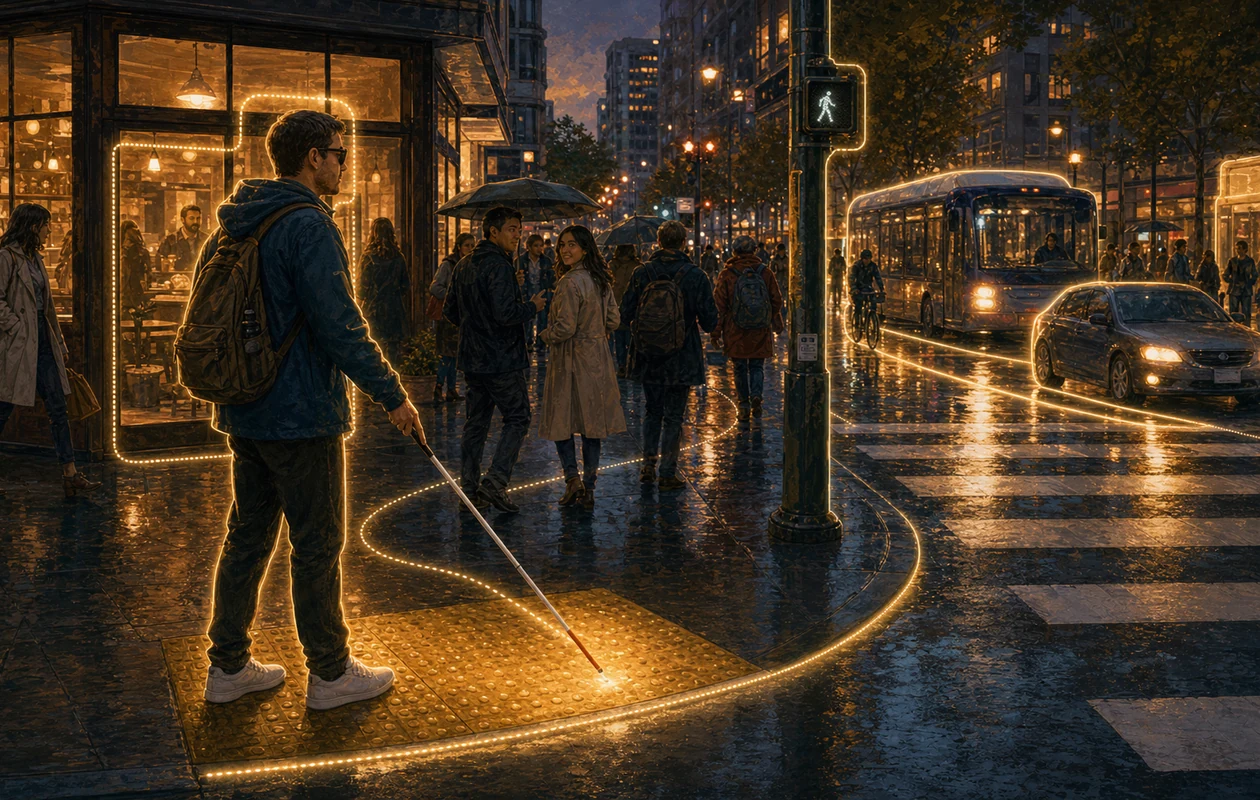 Illustration for Seeing AI: tactile city path with light signals for orientation