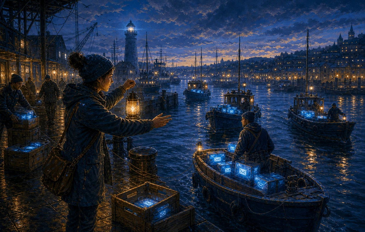 Illustration for Sendinblue: mail canal with segment locks and delivery boats