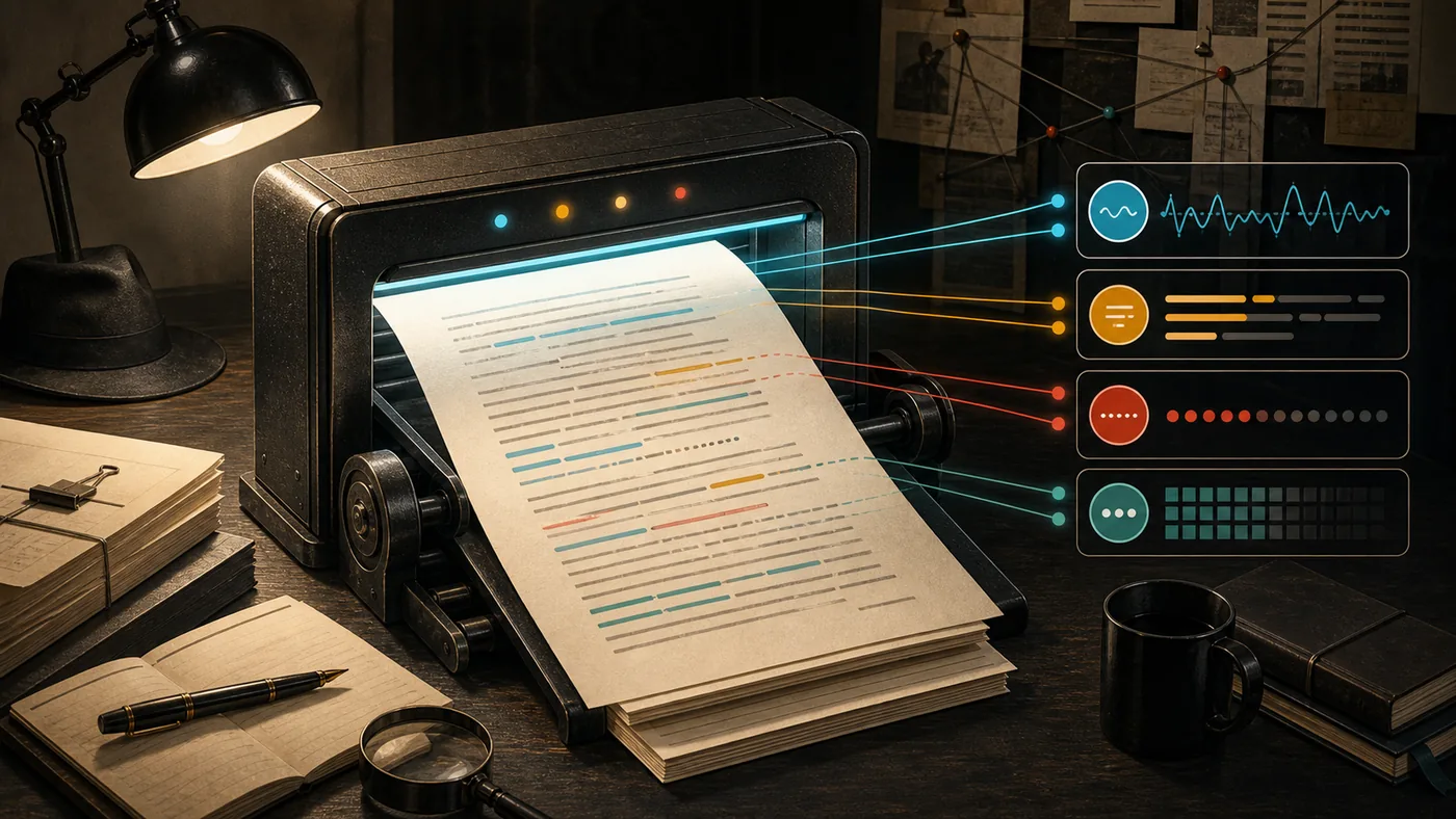 Illustration zu Slick Write: ein Stilscanner pr?ft ein Manuskript mit farbigen Diagnosebahnen