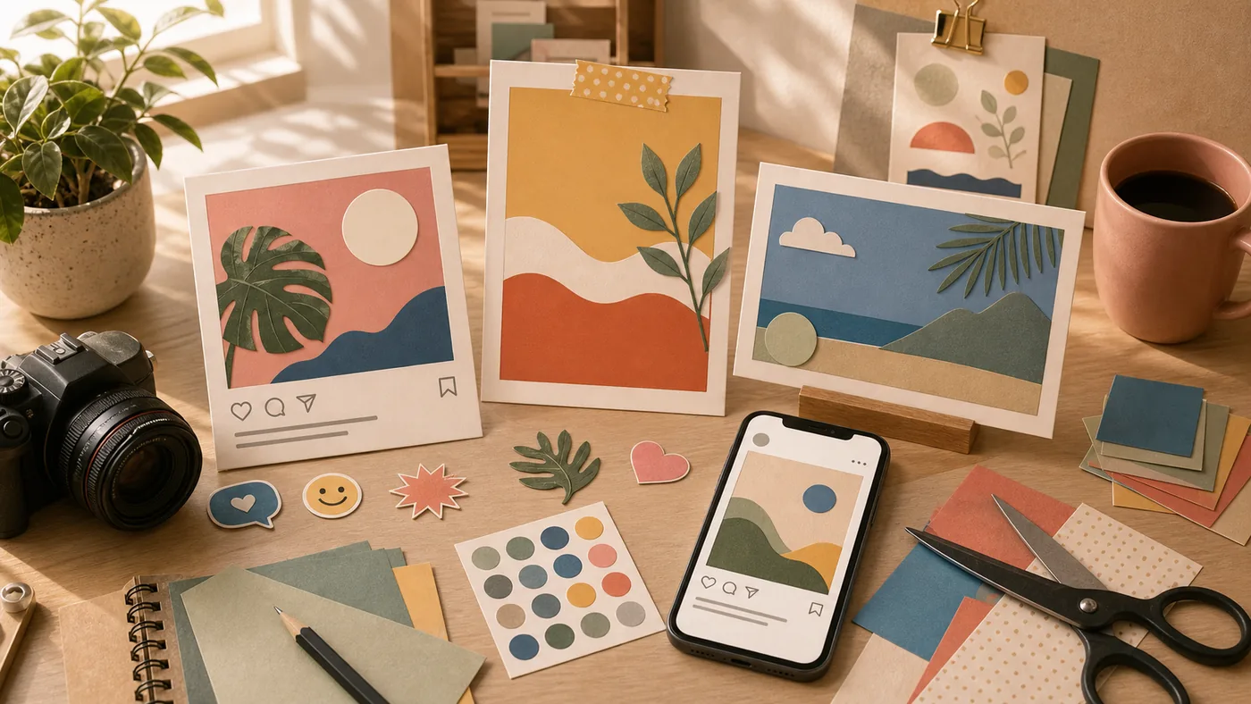 Illustration zu Snappa: Marketinggrafiken, Smartphone-Format und Farbpapiere auf einem Arbeitstisch