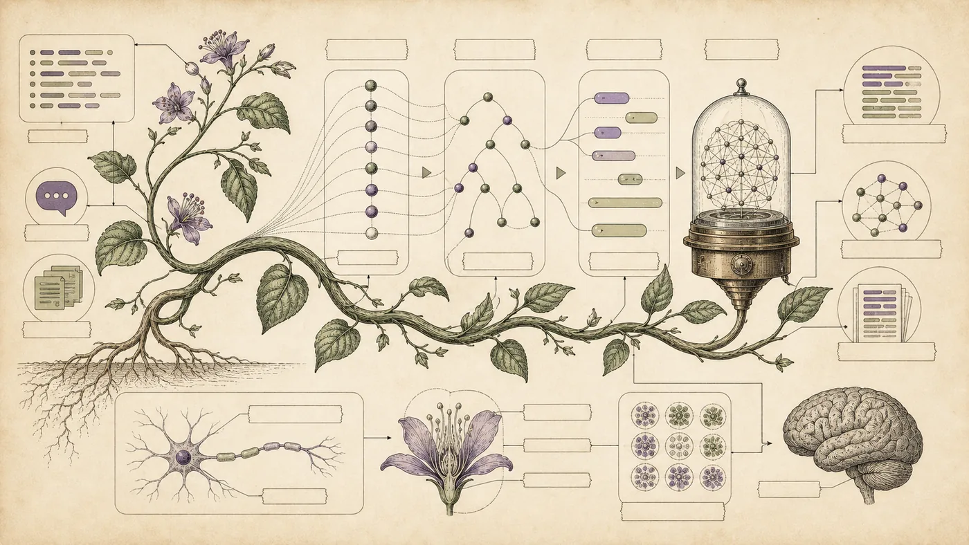 Illustration zu spaCy: Sprachbestandteile verzweigen sich wie ein botanisches Analyseblatt