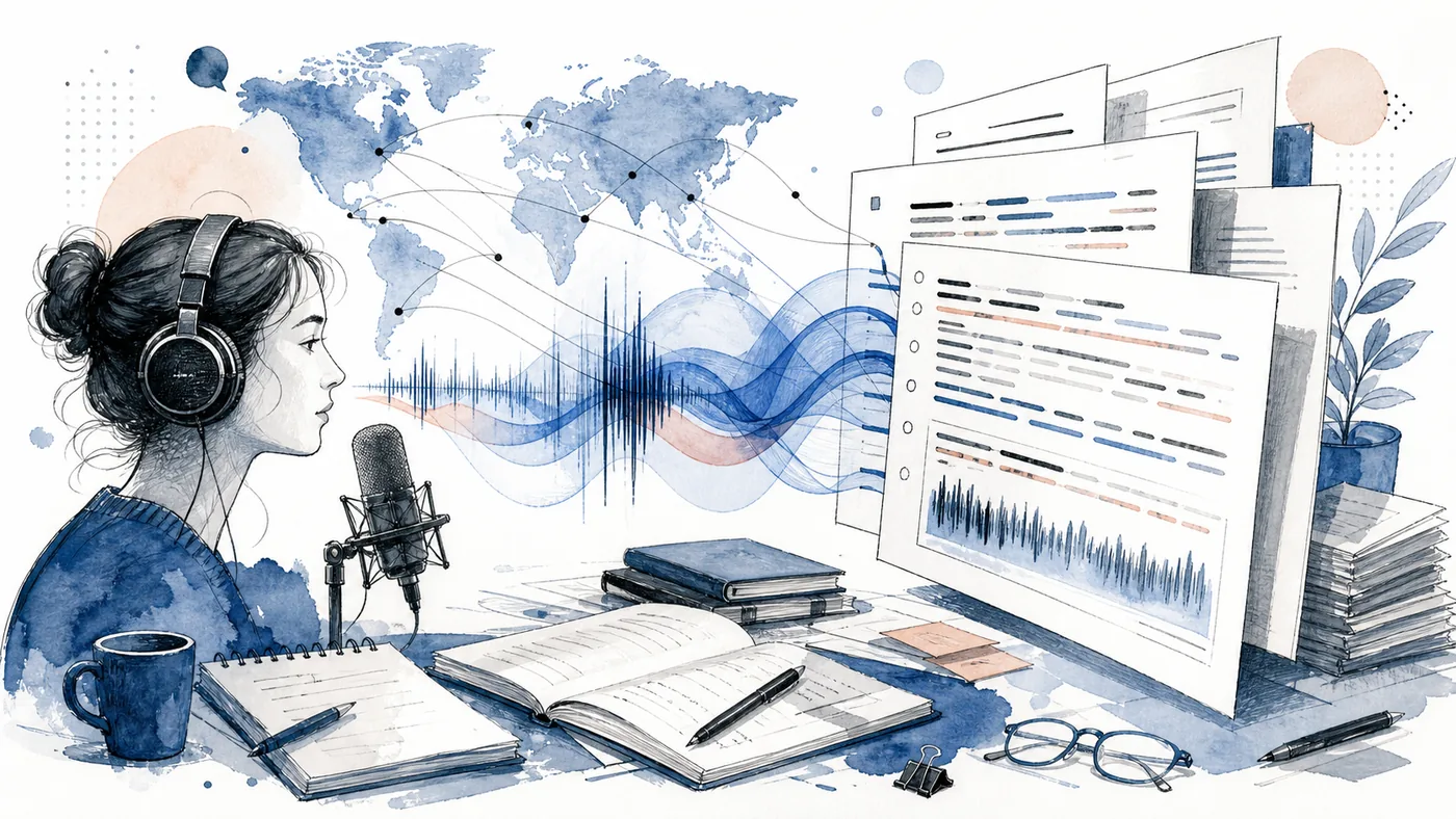 Illustration zu Speechmatics: mehrsprachige Sprachwellen werden zu geordneten Transkriptseiten