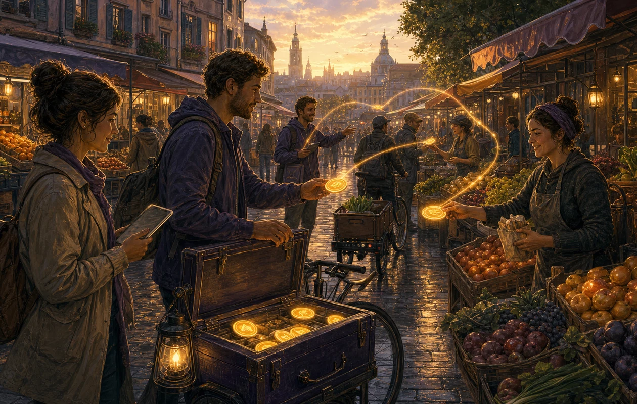 Illustration for Spendesk: market lane with visible approval coins