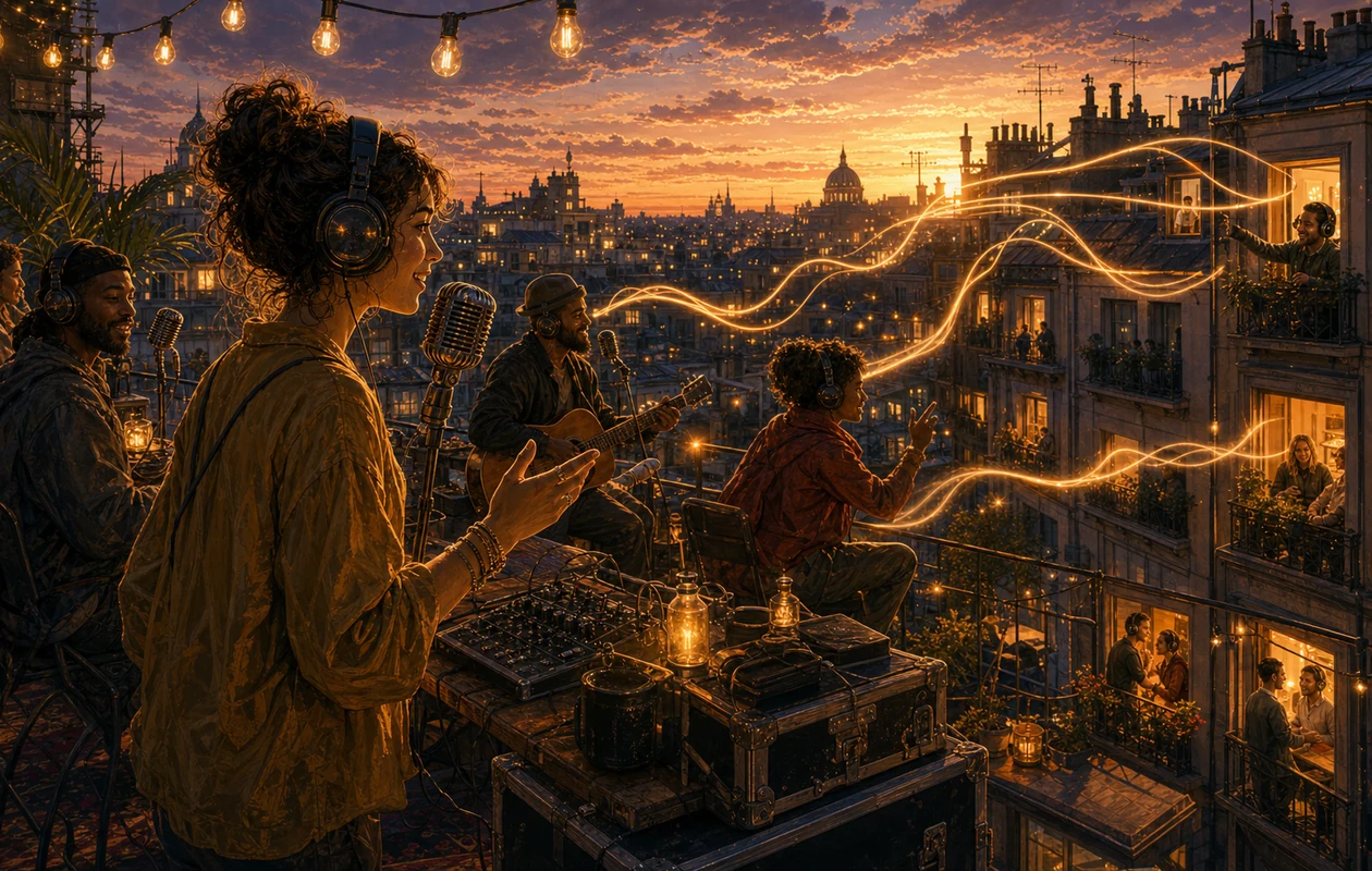 Illustration for Spreaker: rooftop festival sending warm sound waves across the city