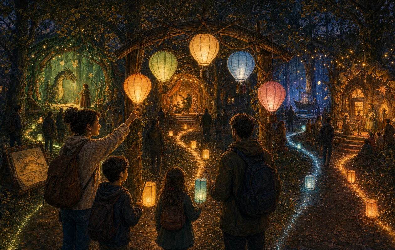Illustration for Squiffy: forest paths branching into small story stages